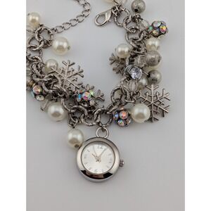 Holiday Lane Snowflake Charm Watch Silver 7.25" Band Faux Pearls- New Battery